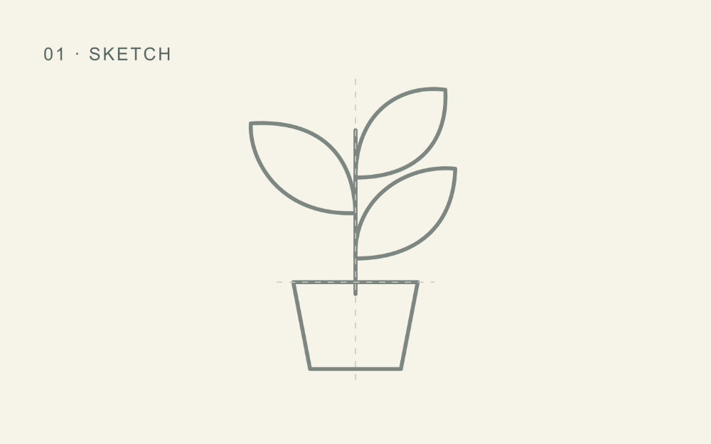 A potted plant illustration changes from an outline to flat colors and then a finished drawing with details