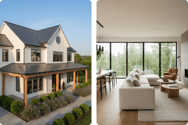 Two architectural photographs share the canvas and flip to new views one side at a time