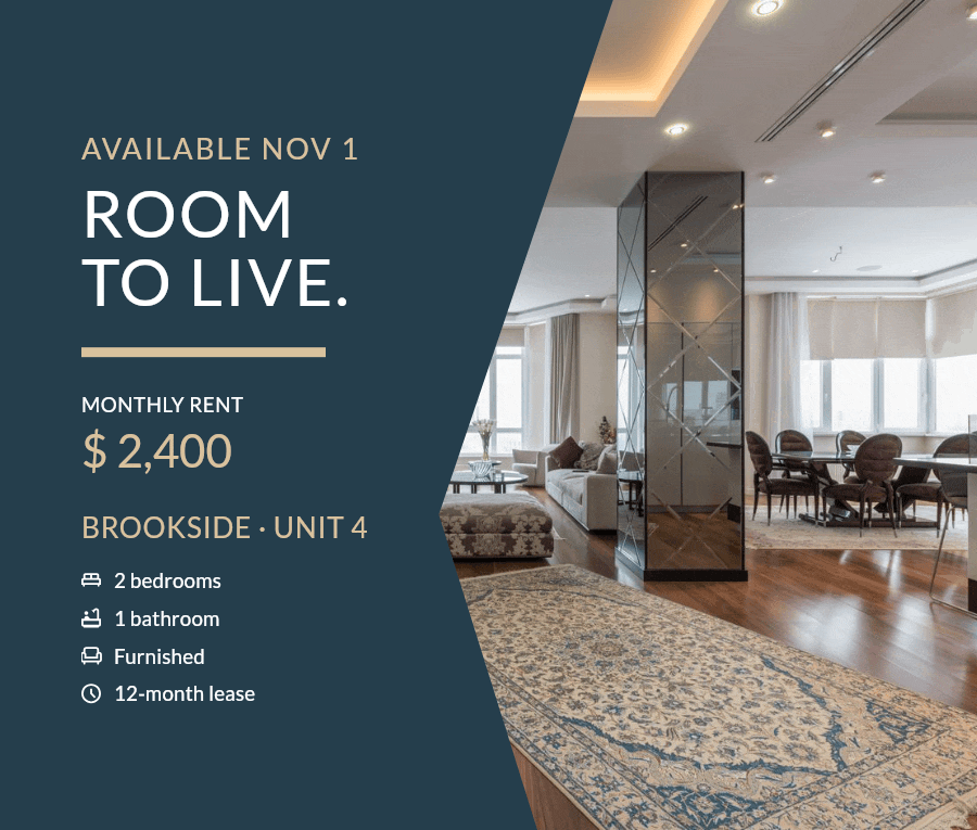 Apartment rental banner with $2,400 monthly rent, November availability and furnished status