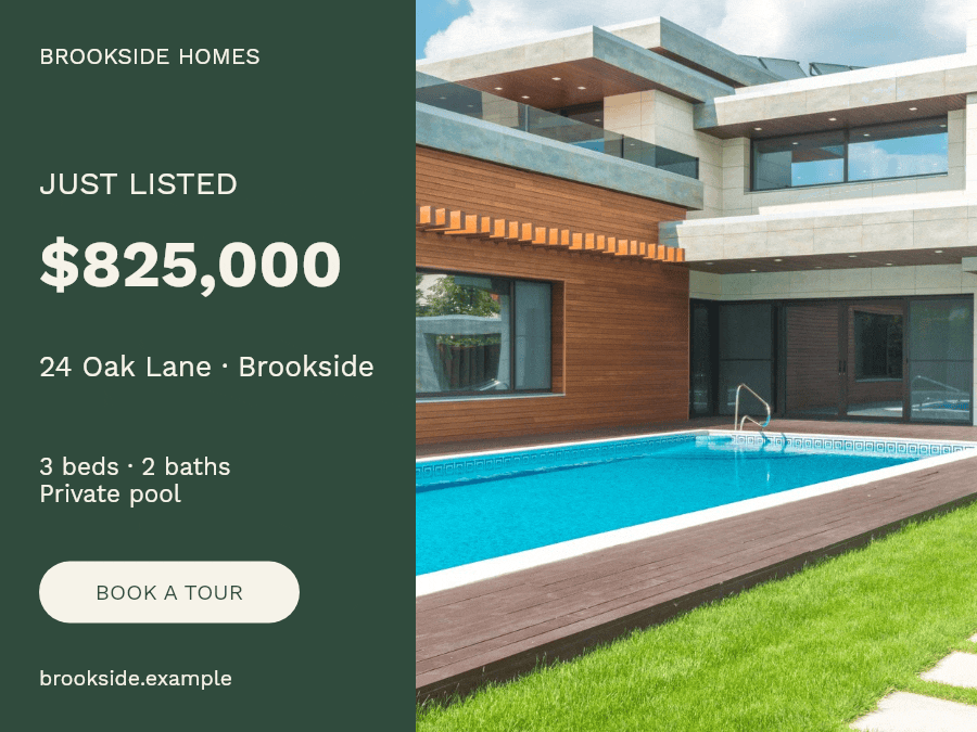 Brookside property banner in a 4:3 layout with the price and key facts beside the house and pool