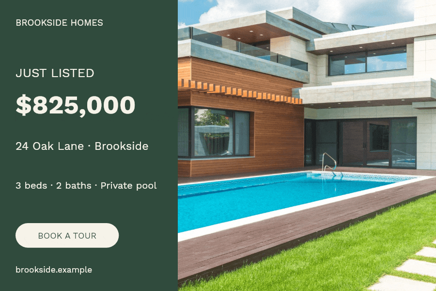Brookside property banner in a 3:2 email layout with a green information panel beside three house photos