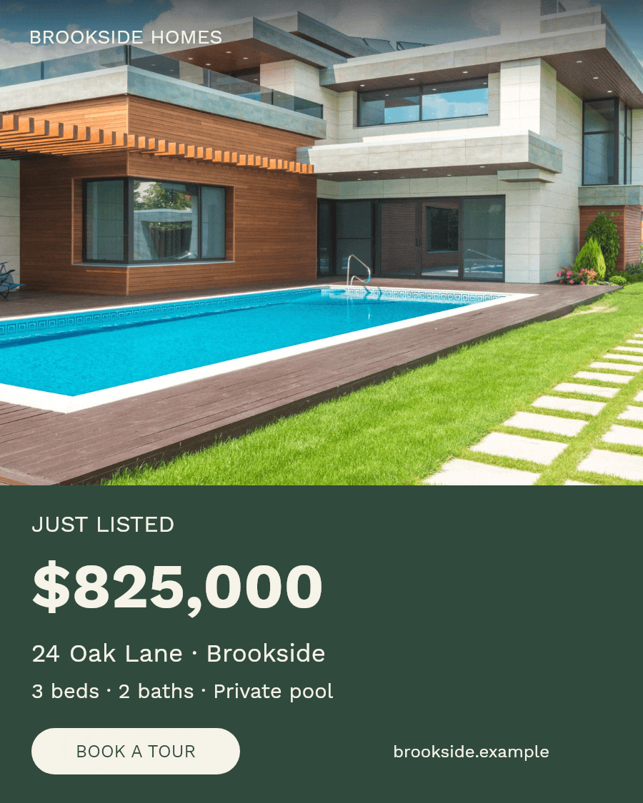 Brookside property banner in a 4:5 feed layout with a deep photo above the price and viewing invitation
