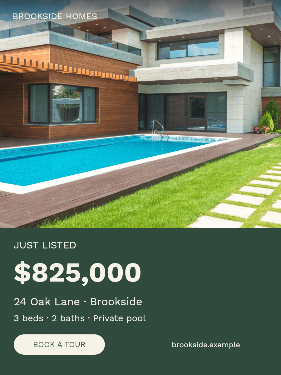 Brookside property card in a 3:4 portrait layout with the house above a green price and features panel