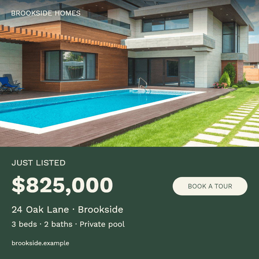 Square Brookside listing banner with three house photos above the $825,000 price and property details