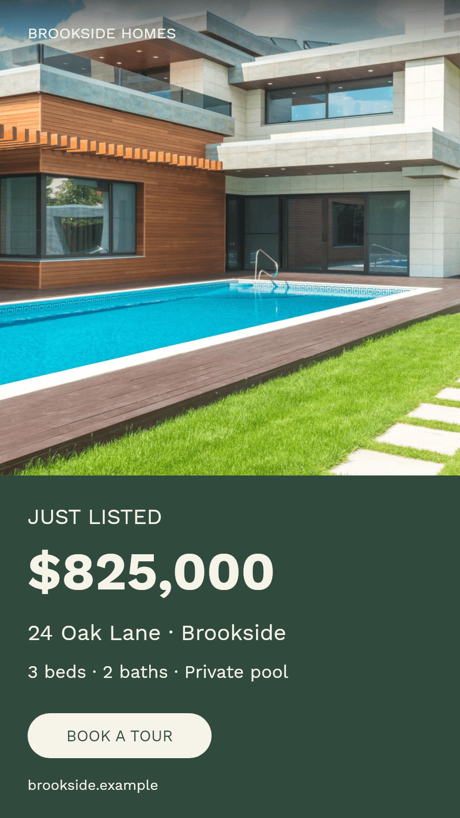 Vertical Brookside listing banner with a tall property photo above the $825,000 price and viewing invitation