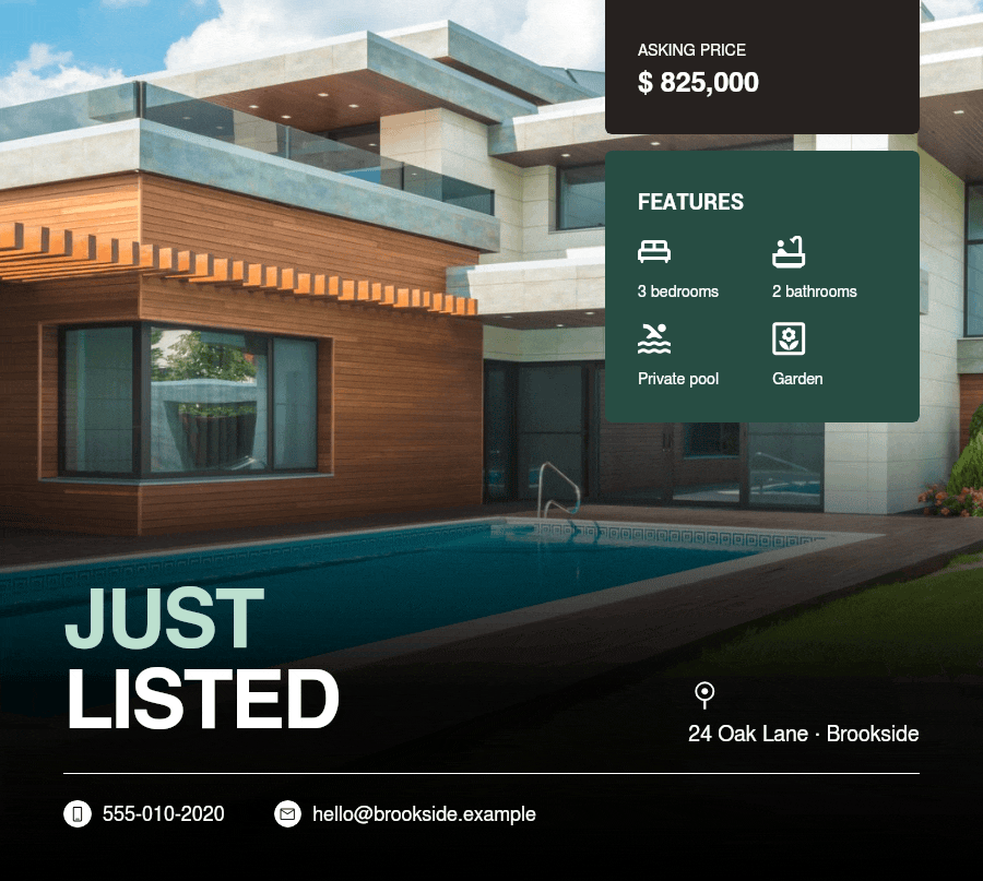Just listed property banner with a poolside house, $825,000 asking price and four features