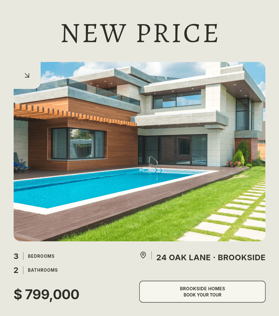 New price property banner with a house photo, $799,000 price and three bedrooms