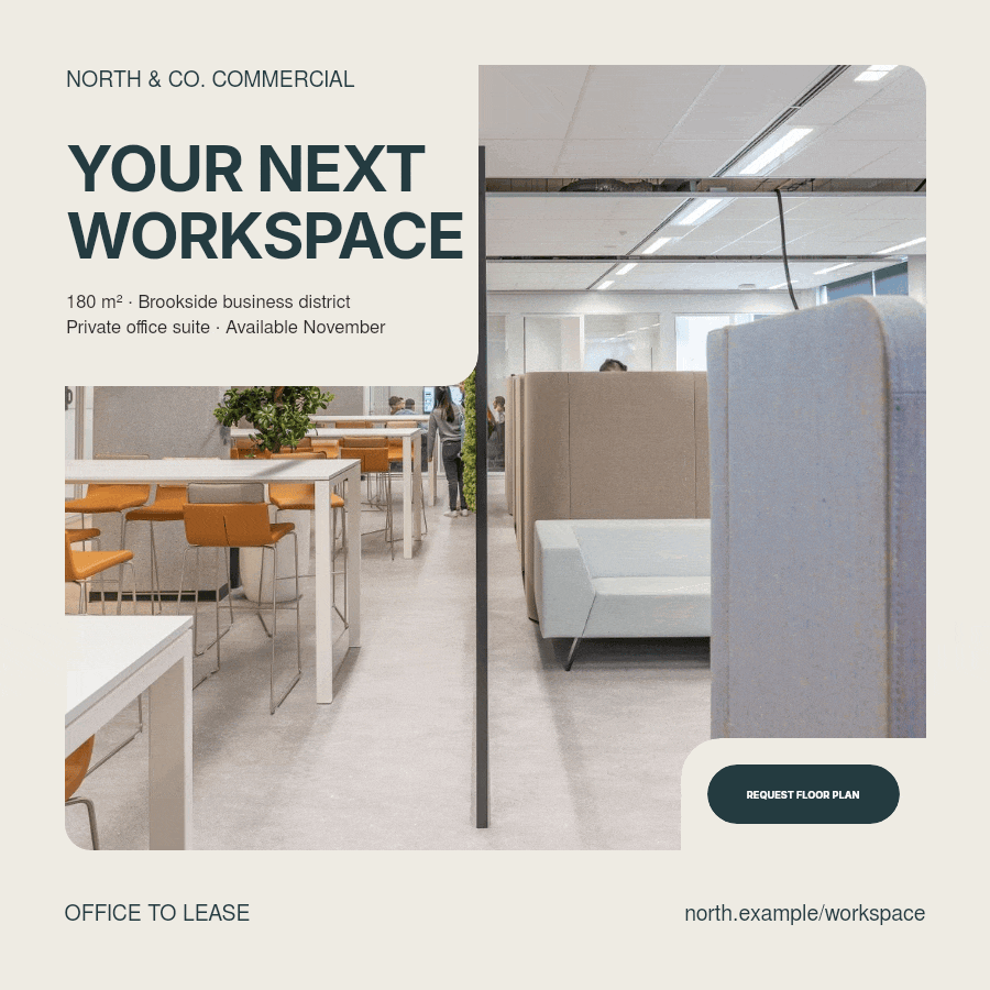 Office leasing banner advertising a sample 180 square metre workspace and a floor plan request