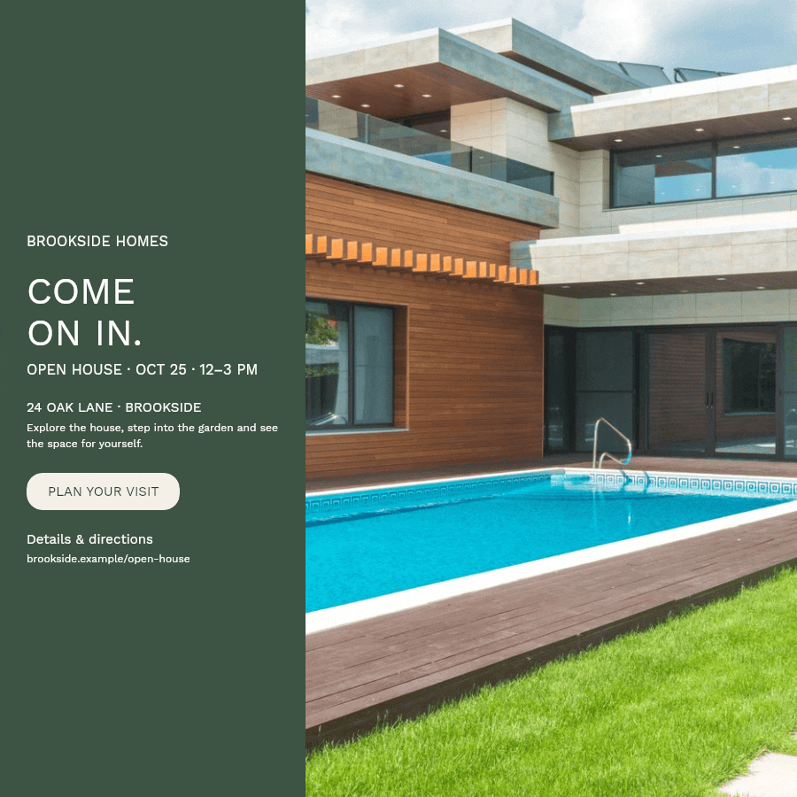 Green open house invitation with a property photo and October 25 viewing details