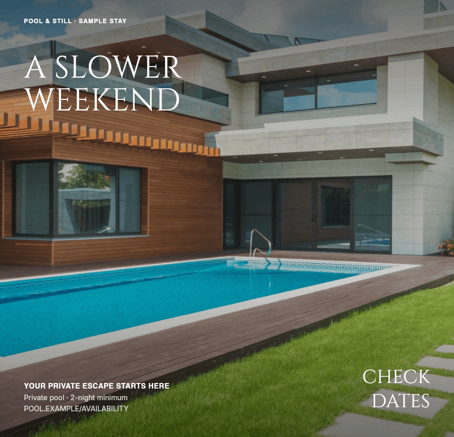 Animated holiday-home banner showing three views of a house and private pool with an invitation to check dates